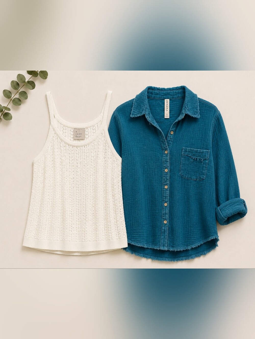 Zenzanna Teal Gauze Button-Up Shirt/Crochet Tank BUNDLE